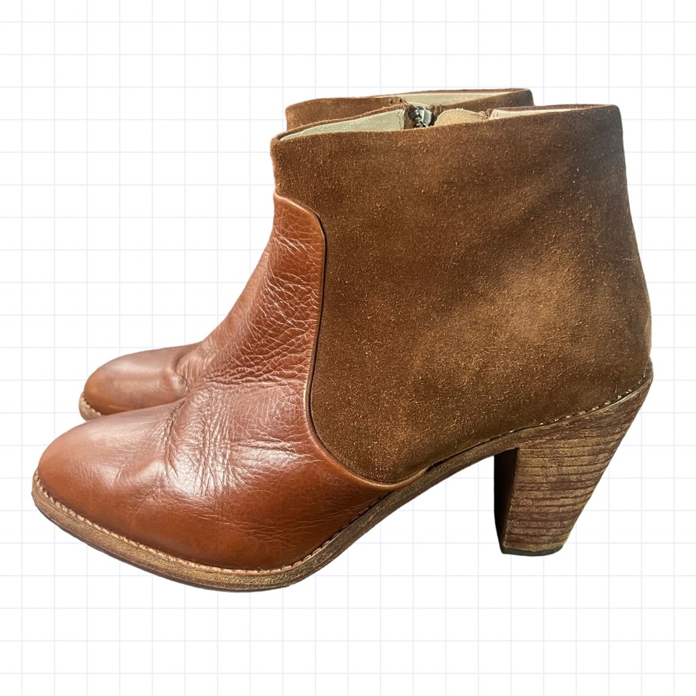 Boden two toned brown Leather Suede Ankle Bootie with side Zip Wood 3 inch Heel
